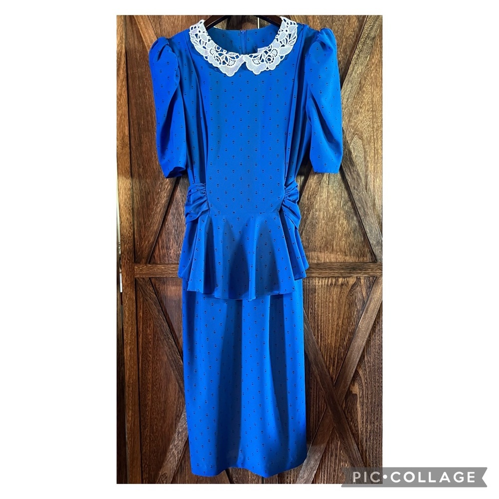 Vintage Polka Dot Blue Black Lace Dress Peplum Tie Back Midi Classic Large